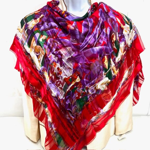 Elegance S.A PARIS   (EE) SCARF 100% SILK  Chiffon Satin  44"x44' Red Floral(32) - Picture 12 of 16